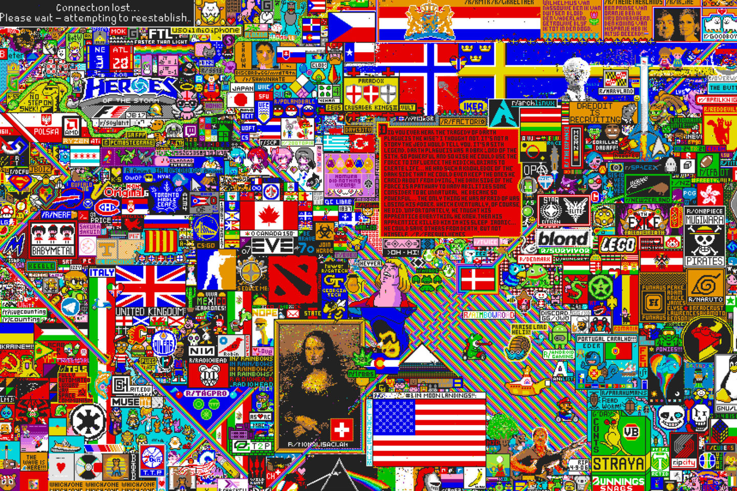 For April Fool's Day in 2017, Reddit gave their users the opportunity to paint on an open web canvas, one pixel at a time.